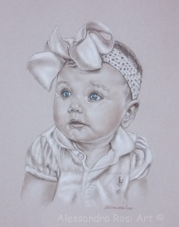 Baby Portrait Custom Portrait Drawing Charcoal Sepia Pencil