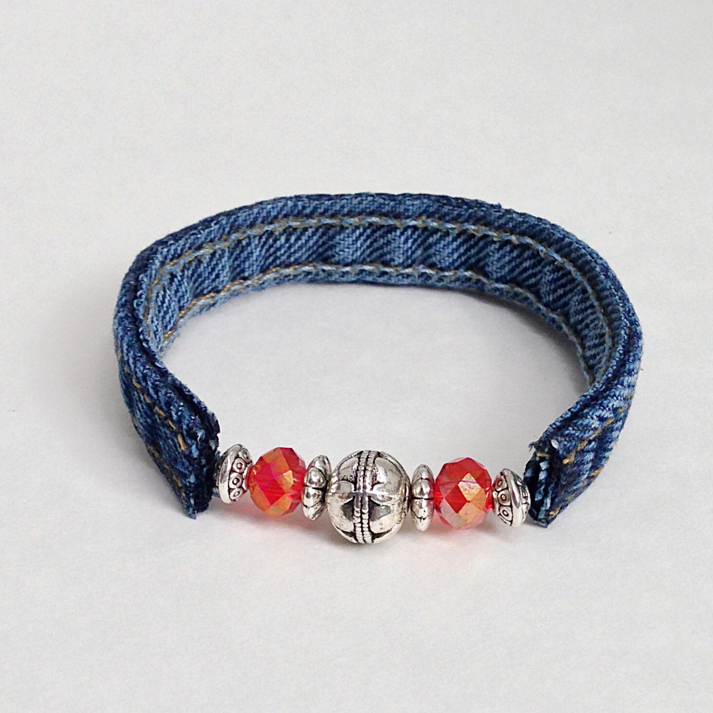 Red Beaded Wrap Bracelet Denim Blue Jean Seams Recycled 5188