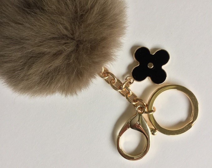 Brown fur pom pom keychain REX Rabbit fur pom pom ball with flower bag charm