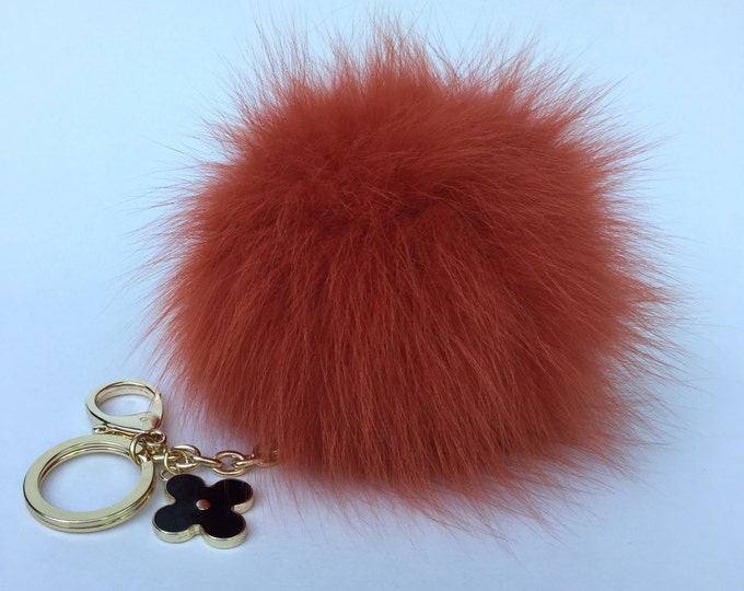 Rusty Orange Fur Pompon bag charm pendant Fur Pom Pom keychain with flower charm