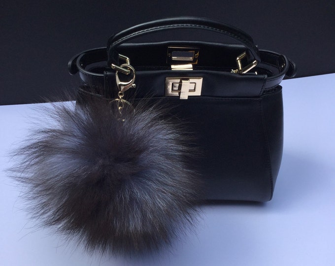 Punk Large size Pompon bag charm pendant fox Fur Pom Pom keychain very unique blue-black-brown