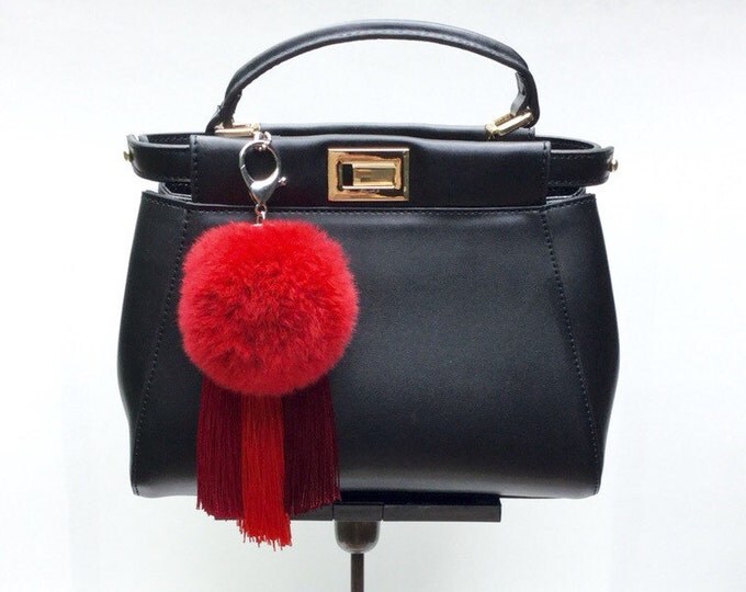 Red Gradient Tassel Handbag Charm Fur Pom Pom ball keychain
