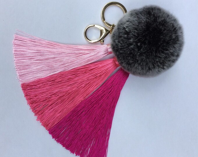 Pink Gradient Tassel Handbag Charm Fur Pom Pom ball keychain