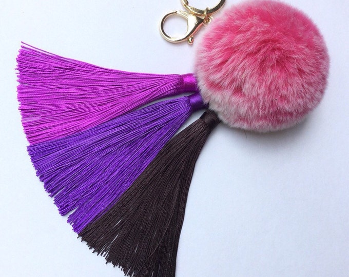 Purple/Brown Gradient Tassel Handbag Charm Fur Pom Pom ball keychain