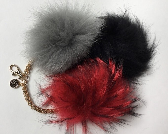 Trio fur pom pom corsage Bag Charm Totem Fox/ Raccoon creation piece