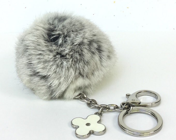 Limited Edition "very light grey" Rabbit fur pom pom keychain or bag pendant with flower keychain silver edition