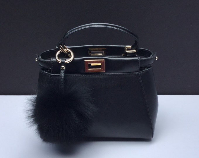Black Fox Fur Pom Pom luxury bag pendant with leather strap metal buckle key ring chain bag charm