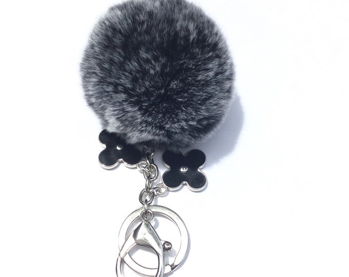 Instagram/Blogger Recommended Pom-Perfect Black frosted REX Rabbit fur pom pom ball with black flower keychain