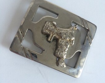 Vintage BELT BUCKLE | Silver tone with Saddle on Square