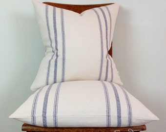 Blue Stripes on Light Natural Linen French Grain Sack Pillow cover - Knife Edge Finish