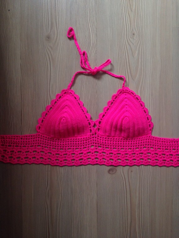 Neon Crochet Halter Top Pink Crochet Swimwear Womens by SWANTREE