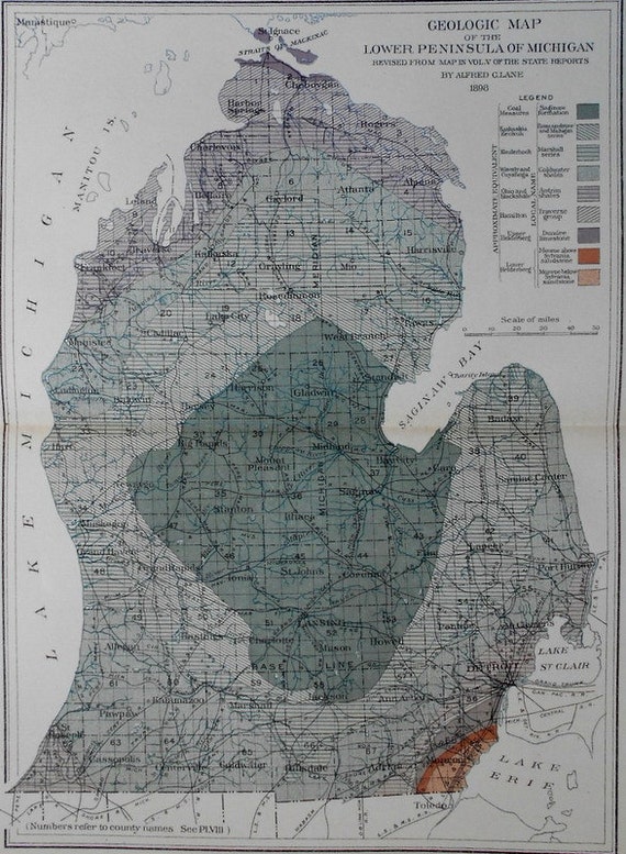 1905 Michigan Lower Peninsula Map MI. Antique Original