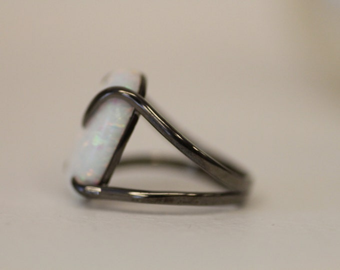 White Opal ring - Black gold ring - White stone ring - White - Silver ring - Manmade opal - Opal jewelry - Cosmic -...