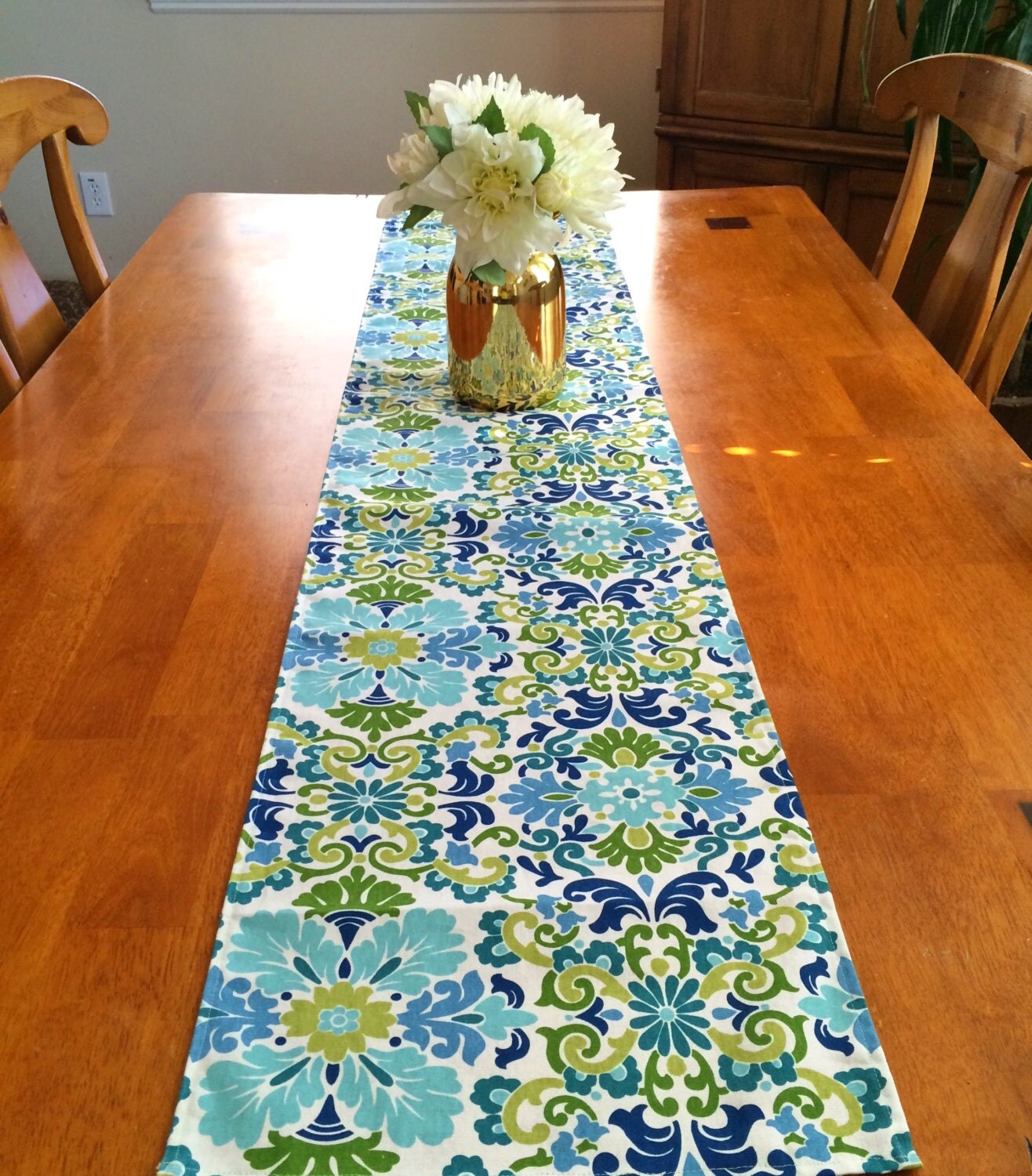 Flowers Table Runner Blue green white Table Runner Green