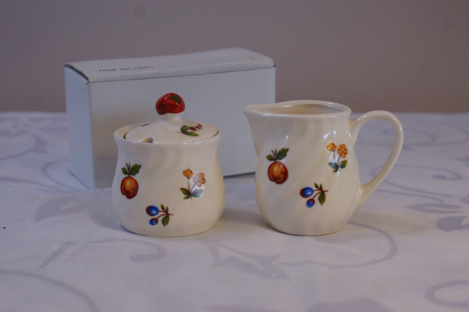Mini Sugar and Creamer Set China Tea Coffee Vintage Fruit Pattern Off