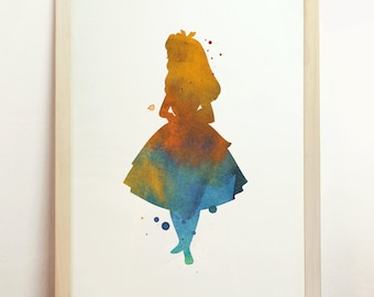 Instant Download Digital Alice in Wonderland Printable Art Print Watercolor Children's Silhouette Art Blue Home 8x10 A4 8.3 x 11.7 in - N3