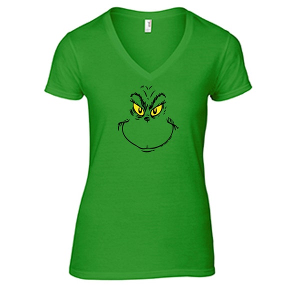 Grinch Face Women's Holiday T Shirt V-Neck Ladies by ShopChicTees