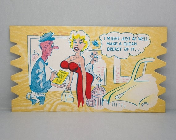 Vintage 1950s Comic Card. Komic Kard. Postcard. Humor. Cartoon. Woman. Police Officer.