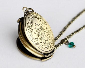 Photo locket necklace, secret message, vintage style four photo locket with birth stone necklace jewelry, can print the message for you