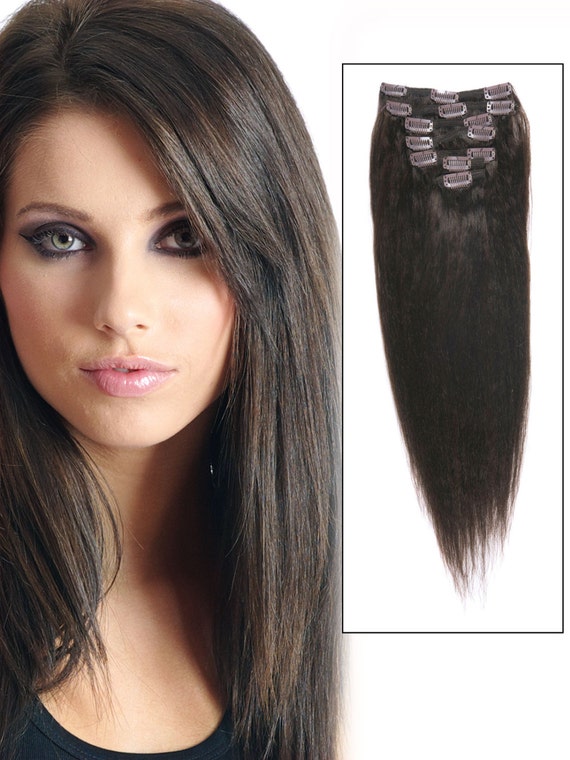 Straight Dark Brown Human Hair Clip in by VividExtensionsMI
