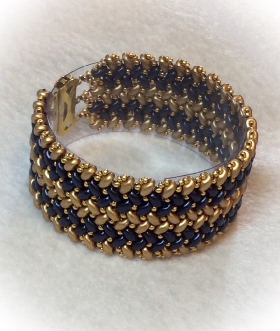 Wide Navy Blue and Gold Bracelet Cuff Navy by AnnDeleCreations