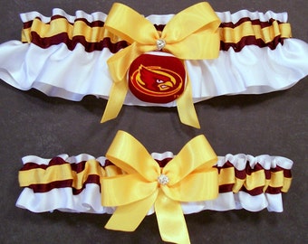 Handmade Light Gold and Burgundy Wedding Garter Set with Iowa State University™ Fabric Covered Button Embellishment #C/24-A