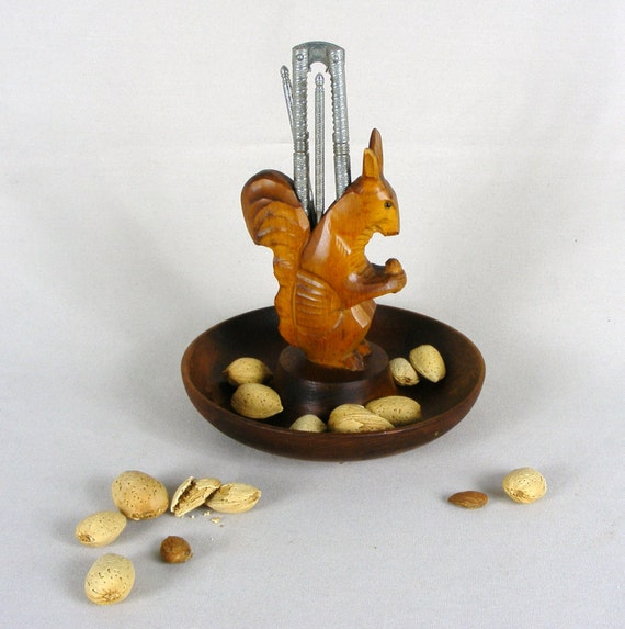 Items similar to Hand carved vintage wooden squirrel nut dish bowl with