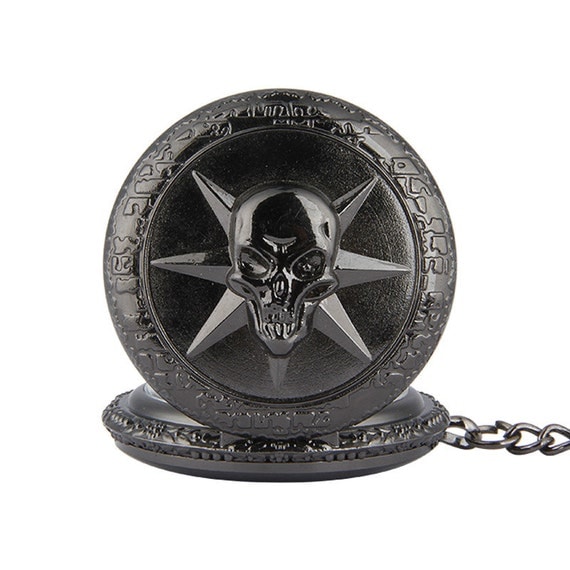 Black Pocket Watch Engraved Kits - Gold Shot Skull Pocket Watch Locket Pendant + Rolo Chain (40cm) by AlnSupplies steampunk buy now online