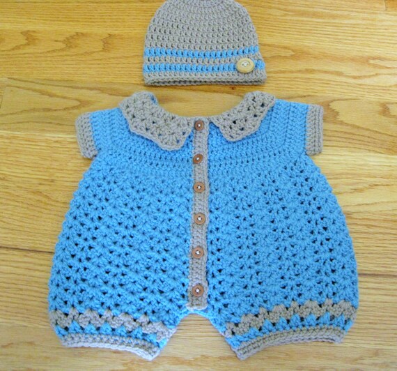 Handmade Crochet Baby Boy Romper and Hat Set 36 by