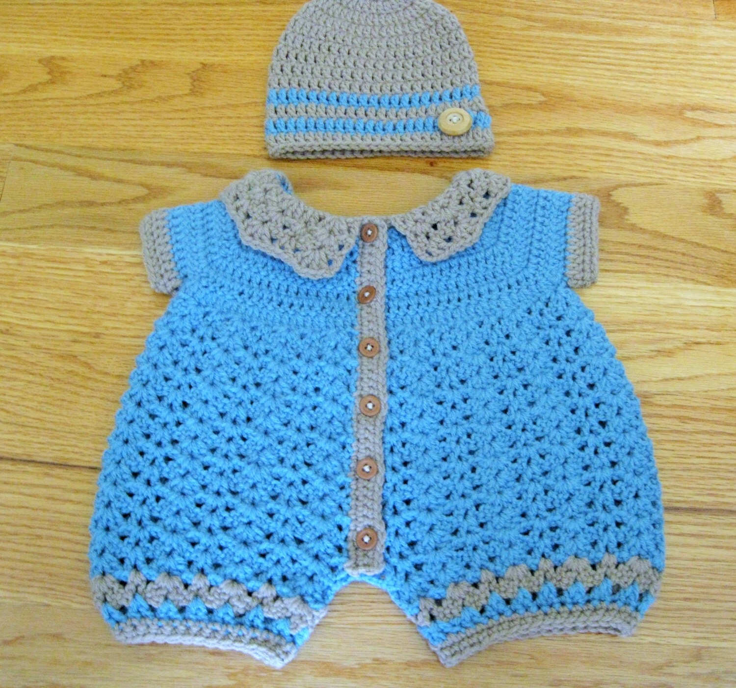 Handmade Crochet Baby Boy Romper and Hat Set 3-6 by TheComfyBaby