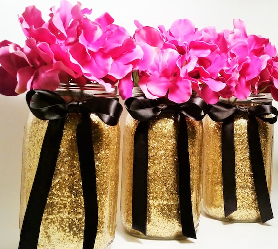 Mason Jar Wedding Centerpieces, Gold and Black Centerpieces, Birthday