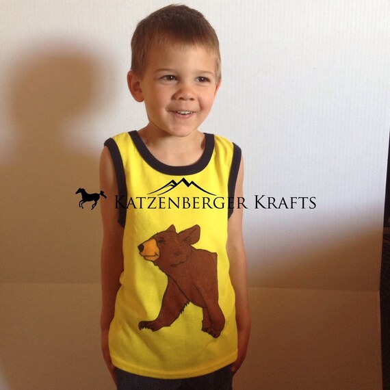 Items similar to Toddler hand painted yellow tank with brown bear on Etsy