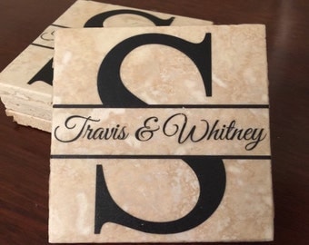 Tumbled marble monogrammed coasters- personalized coaster set great for wedding, birthday, fathers day bridesmaid, gifts or special occasion