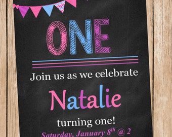 Pink and Purple Chalkbaord Birthday Invitation