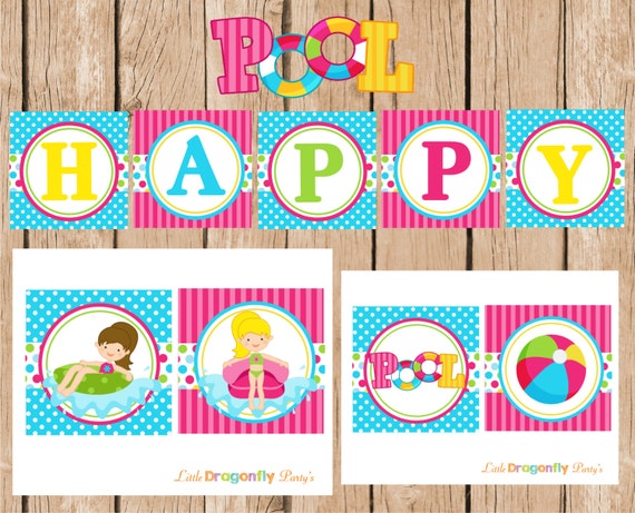 Pool Party Happy Birthday Banner DIY Instant Download