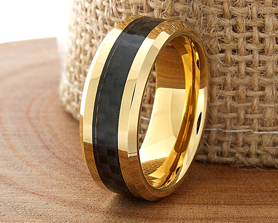 Carbon Fiber Tungsten Wedding Ring Yellow Gold Mens Wedding