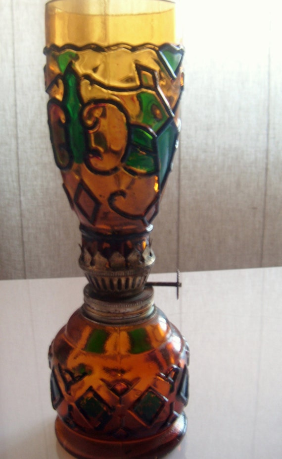 Vintage Amber Colour Glass Oil Lamp Made In Hong Kong