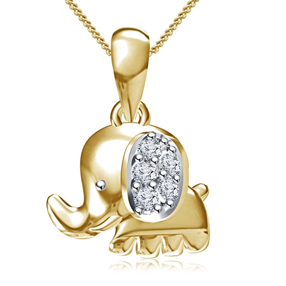 14K Yellow Gold Plated White CZ Charm Hand Made Happy Elephant Pendant ...