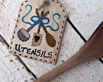 Mason Jar Utensil Holder Tag, Kitchen Utensil Crock Label, Utensil Caddy Hang Tag, Rustic Hand Painted Wood Tag