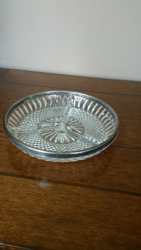 FB Rogers Lead Crystal Divided Relish Tray With Silver Trim