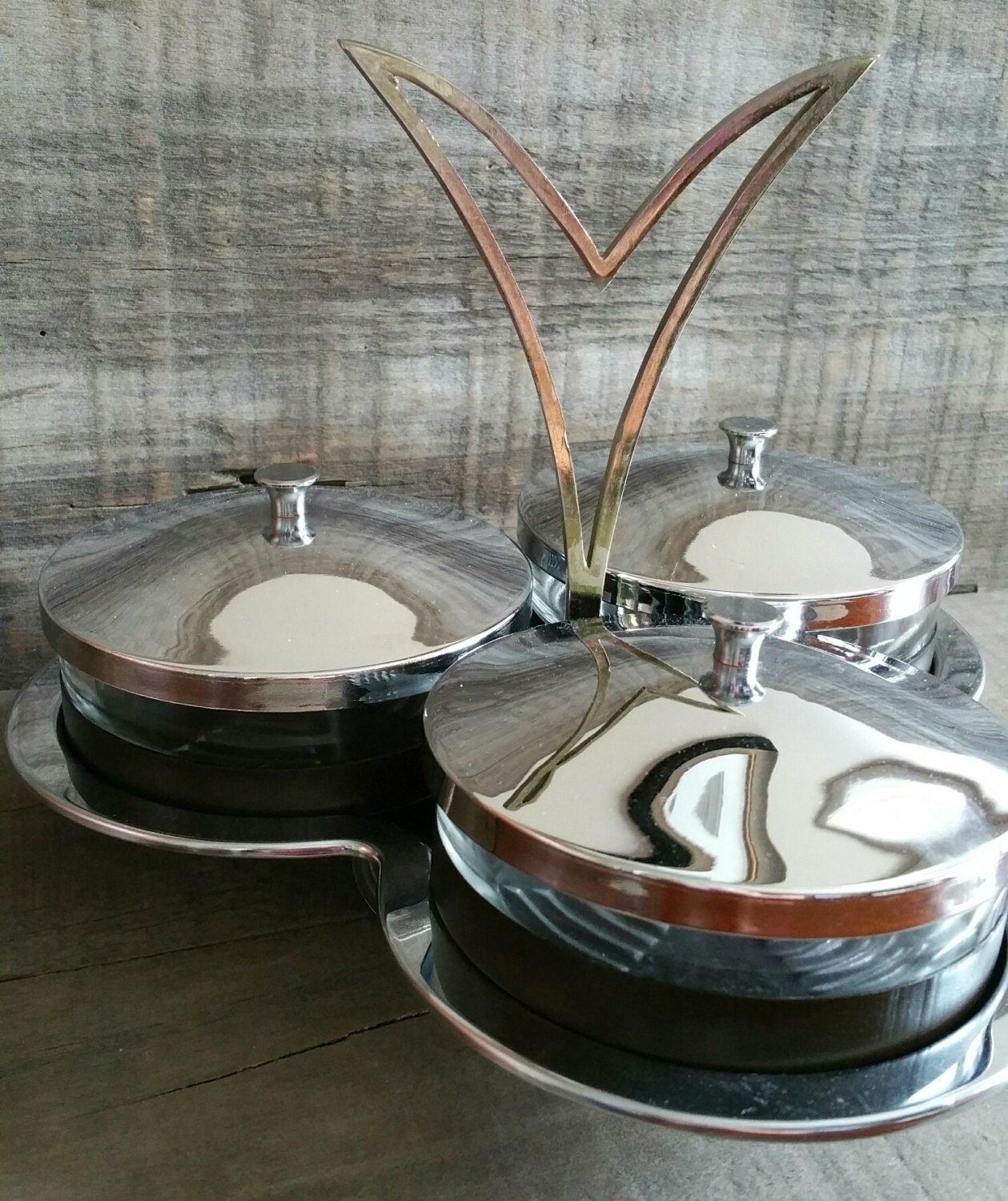 Vintage 3 Dish Condiment Tray with lids, Chrome and Glass Condiment