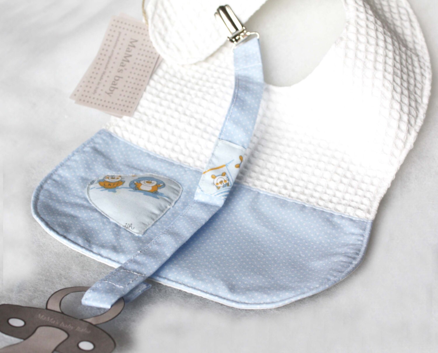 Baby Bib with Dummy holder. Bib pacifier holder. Smile