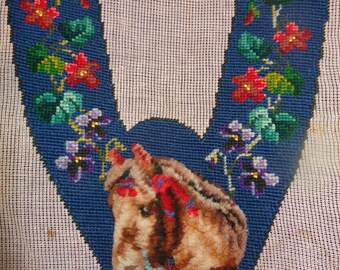 Antique Victorian Needlepoint & Berlin Work Slipper Top with Horse and Flowers