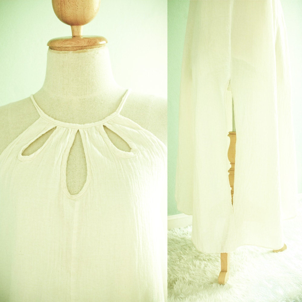 Halter Maxi Cotton Dress in Off White Boho Rustic Cotton