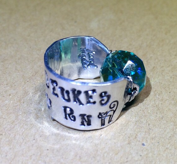 Stethoscope ID Ring Custom Stamped with a Teal Multfaceted