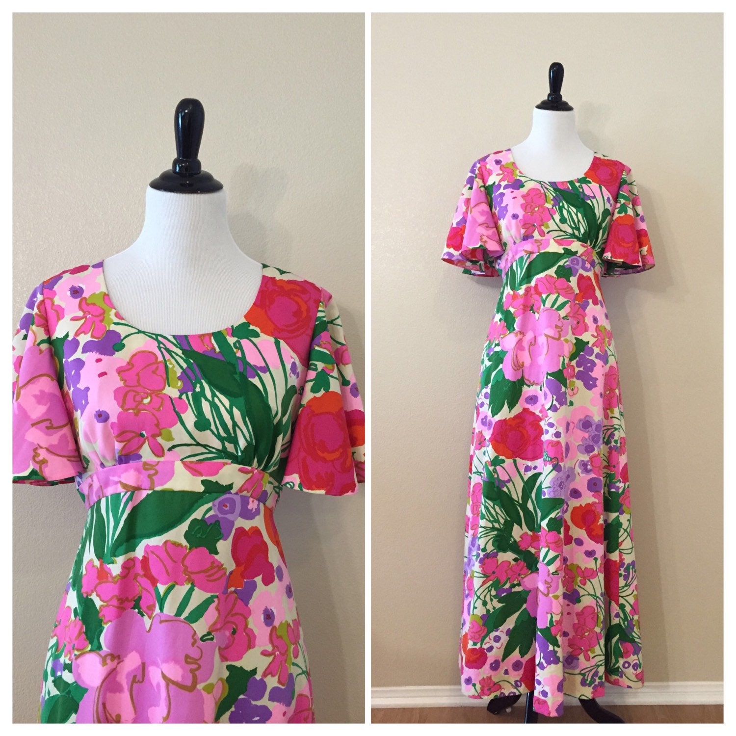 1960s Vintage Floral Hawaiian “Tori Richard Honolulu” Maxi dress with ...