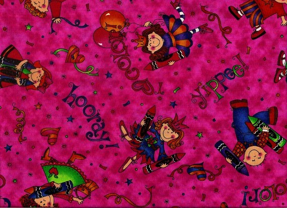 Quilting Treasures Crayon Box Brights. 100% cotton fabric, pink background with children and crayons in blue, red, green and orange. ~10