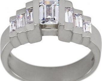 Emerald Cut Diamond Engagement Ring 0.75 Carat & Baguette Diamonds In White Gold