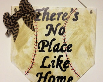 Theres no place like home sign, home plate sign, baseball home plate sign, home plate front door sign, baseball stitch sign, baseball decor