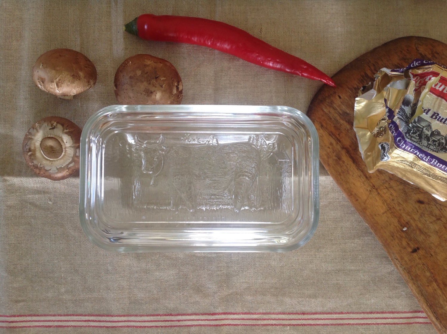 Vintage French Heavy Arcoroc Glass Butter Dish Cow Embossed On Lid Made In France Haute Juice